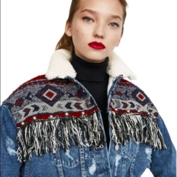 Zara Denim Sherpa Coat with Fabric Pattern - Picture 2 of 6